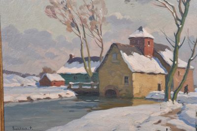 tableau représentant un paysage hivernal avec une maison et une rivière au premier plan