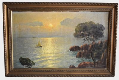 an oil painting of a sailboat in the ocean at sunset