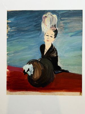 a painting of a woman sitting on a red surface