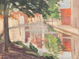 un tableau représentant un pont enjambant une rivière dans une ville