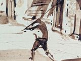 a painting of a man walking down the street with a dog