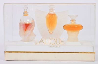trois flacons de parfum dans une vitrine posée sur une surface blanche