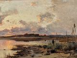 une image d'un tableau représentant un coucher de soleil sur une étendue d'eau