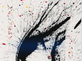 an image of a black and white painting with splats of paint on it
