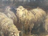 a painting of a group of sheep eating hay in a barn