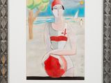 un tableau représentant une femme en maillot de bain tenant une balle rouge