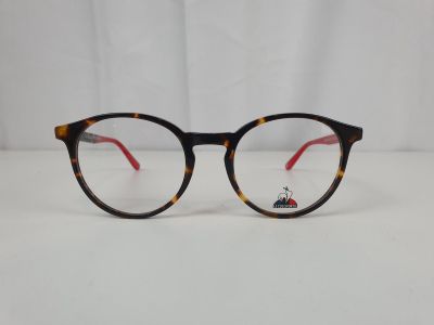 Ces lunettes sont en écaille et ont des montures rouges