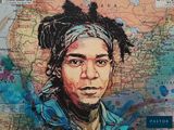 a painting of a man on a map with a map in the background