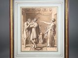 a framed picture of a painting of a man and woman in a room