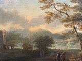 an oil painting on canvas of a landscape with a river and a castle in the distance