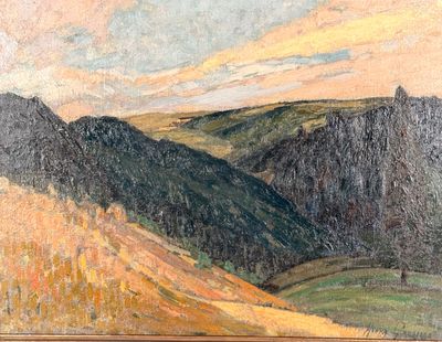 une peinture à l'huile représentant un paysage de montagne avec un cheval au premier plan