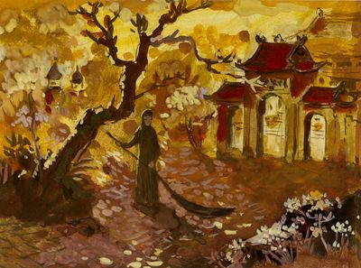 tableau représentant une femme marchant sur un sentier devant une maison