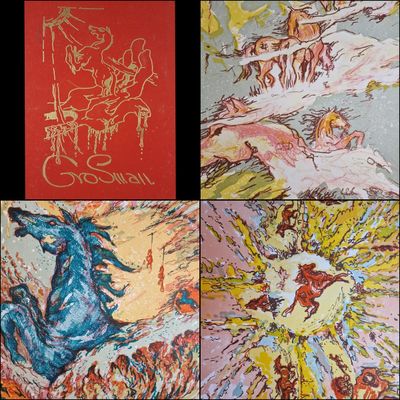 quatre tableaux représentant des chevaux de différentes couleurs et tailles