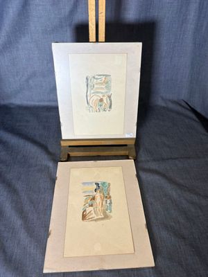 two paintings of a woman and a cat on a easel on a blue background