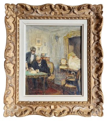 an image of a painting of a man sitting at a table in a living room