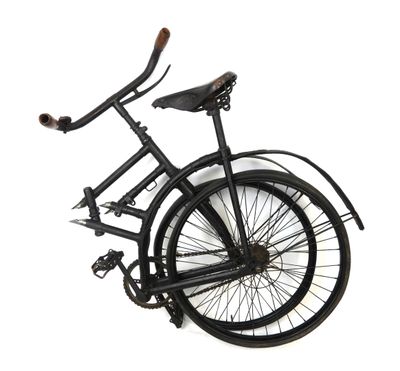 a black bicycle with a wooden handlebar attached to it