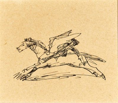 dessin représentant un homme à cheval, une épée à la main