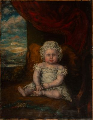 un tableau représentant un bébé en robe blanche assis sur une chaise