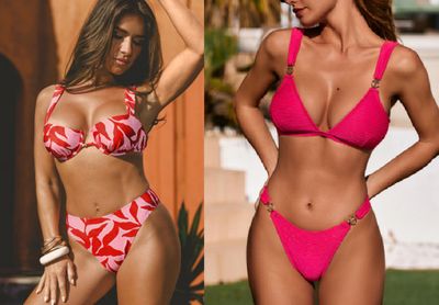 two pictures of a woman in a pink bikini and a woman in a pink bikini