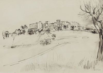 dessin représentant un paysage avec une maison et des arbres au premier plan