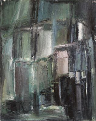 une peinture à l'huile représentant un bâtiment devant lequel se trouve un lampadaire