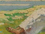 an oil painting of a person laying on the ground in the grass