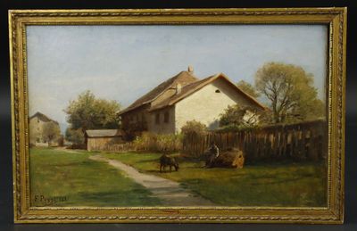 une image représentant un tableau représentant une scène de vie à la ferme avec une vache et une maison
