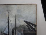 a painting of a harbor scene with boats in the water