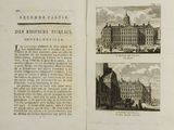 deux pages d'un vieux livre contenant des illustrations d'un bâtiment