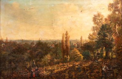 painting of a landscape with figures in the foreground and trees in the background