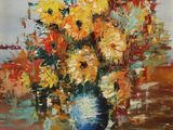 une peinture à l'huile représentant un vase de fleurs sur une table