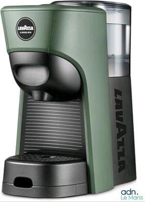 an image of a green coffee maker sitting on top of a counter