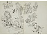 drawing of a group of people sitting around a table in a room