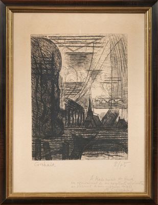 an image of a black and white drawing of a boat in the water