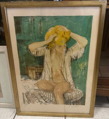tableau représentant une femme assise sur un lit, la tête entre les mains