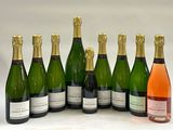 six bouteilles de vin sont alignées sur une surface blanche