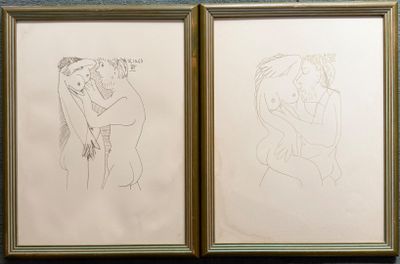 deux dessins encadrés représentant un homme et une femme s'embrassant devant un miroir