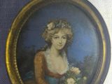 painting of a woman in a blue dress holding a bouquet of flowers