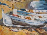 a painting of a boat on the beach by the water