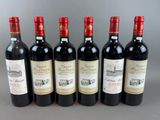 six bottles of red wine lined up in a row