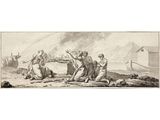 an old drawing of a group of people in a field