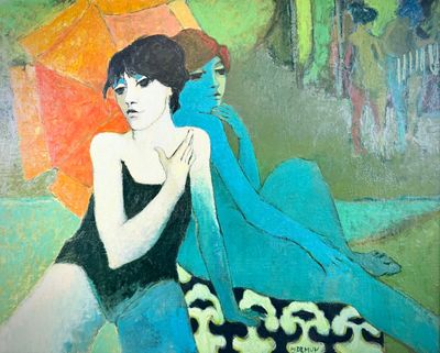 Guy DEMUN (1938) Deux jeunes femmes dos à dos Huile sur toil…