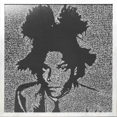 an image of a black and white drawing of a man with a flower in his hair