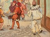a painting of a group of people walking down a street