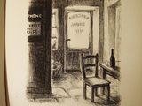 a drawing of a door and a chair in a room
