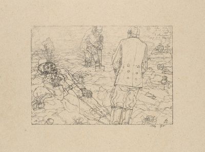 drawing of a man standing next to a dead man in a field