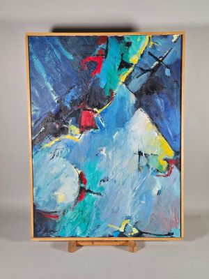 Ecole du XXe siècle. Composition abstraite sur fond bleu. Huile sur to