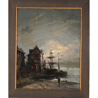 une image représentant un tableau représentant une scène de port avec des bateaux