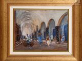 an oil painting of a street scene with people walking down the street