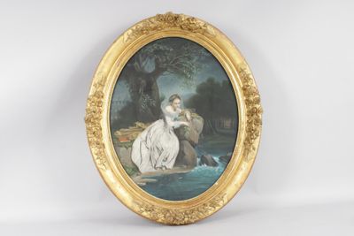 femme mélancolique dans le parc d'un château, avec une fête … - Photo 1